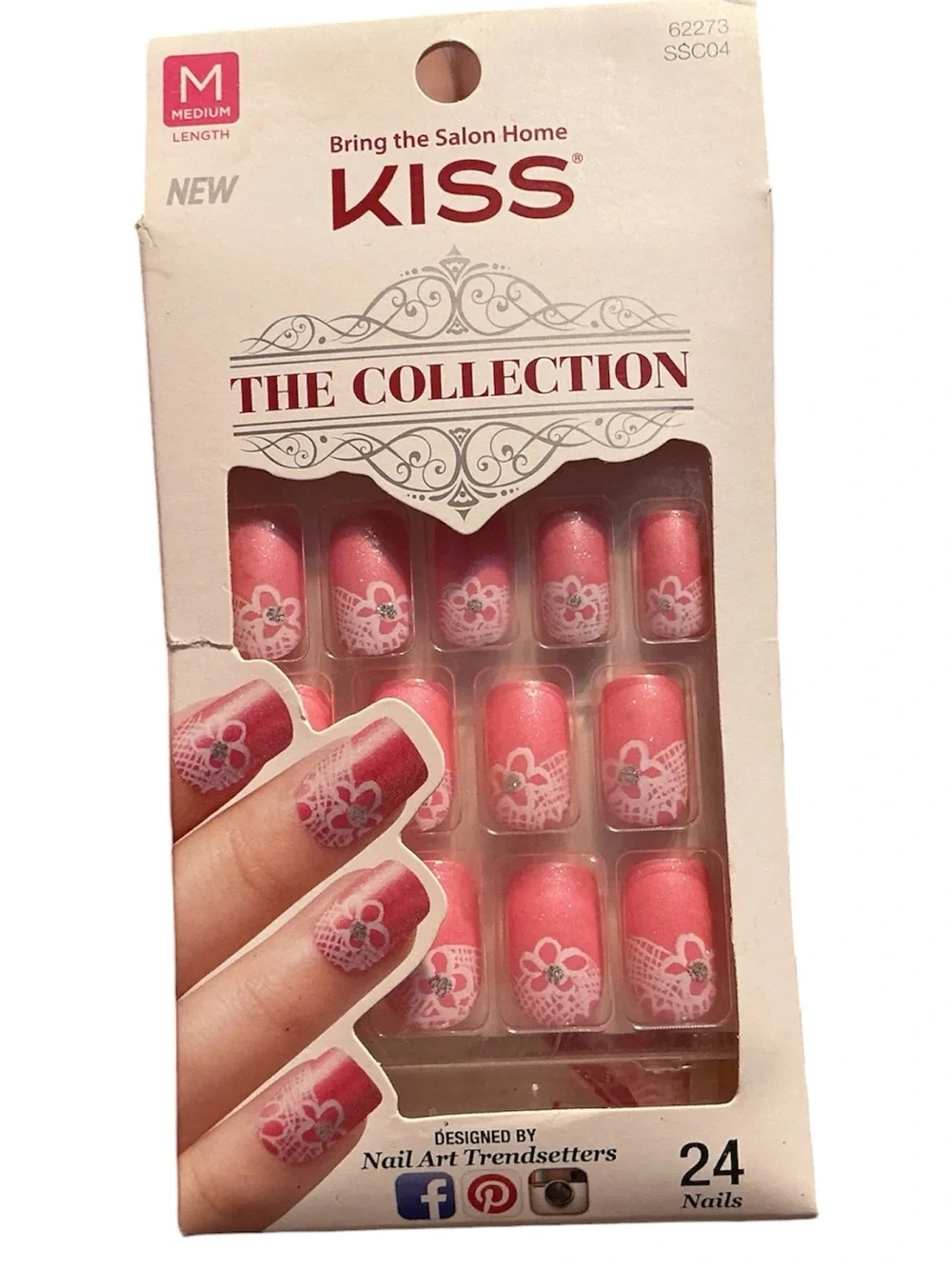 KISS the Collection Pink Shimmer Floral Rhinestone Nails